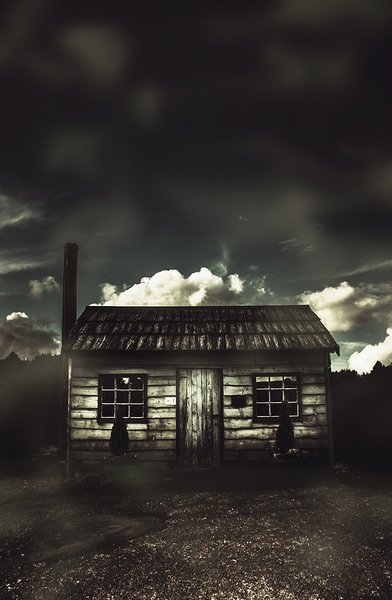 Spooky old abandoned house in dark forest Print