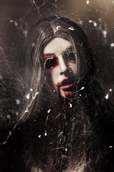 Female face of dark horror. Eye of the black widow Print