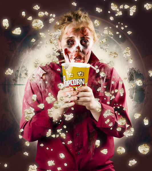 Creepy possessed girl watching horror movie Print