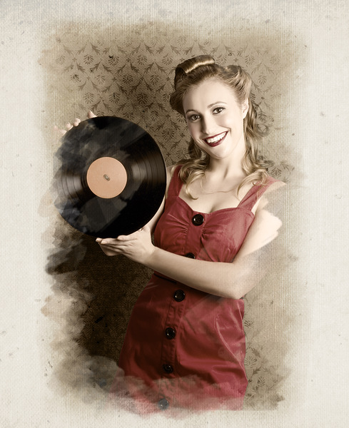 Pin-Up Rockabilly Woman Holding Vinyl Record LP Print