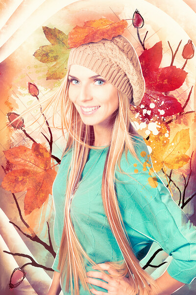Pretty blond girl in autumn fashion illustration Print