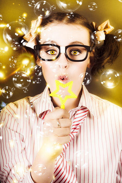 Female Nerd Blowing Bubbles Of Business Success Print