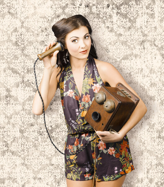 Cute housewife in 50s style on vintage phone Print