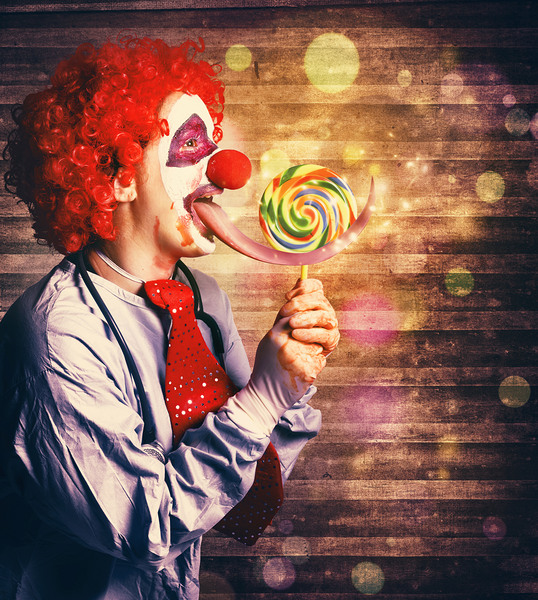 Scary circus clown at horror birthday party Print