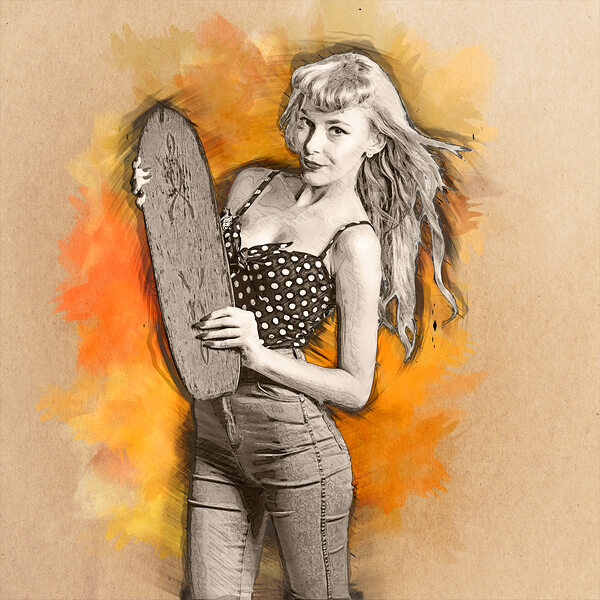 Skateboard pin-up illustration Print