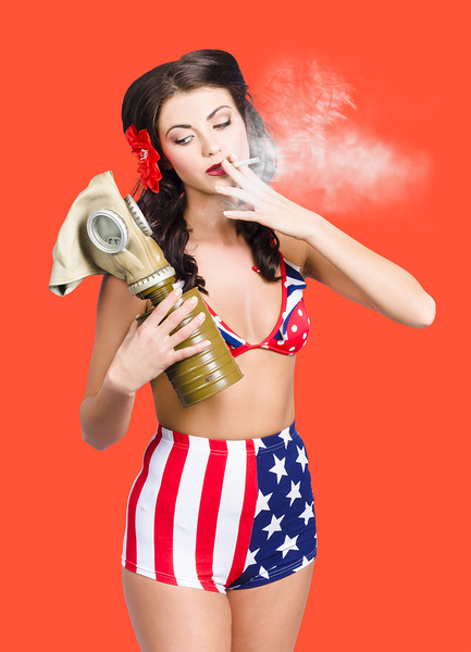 American military pin up girl holding gasmask  Print