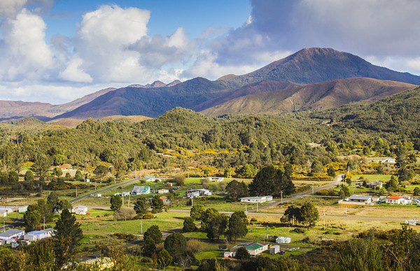 Rural landscape with mountains and valley village Print