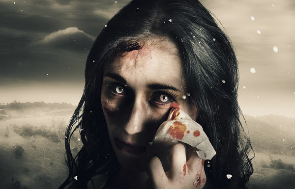 Grim face of horror crying tears of blood Print