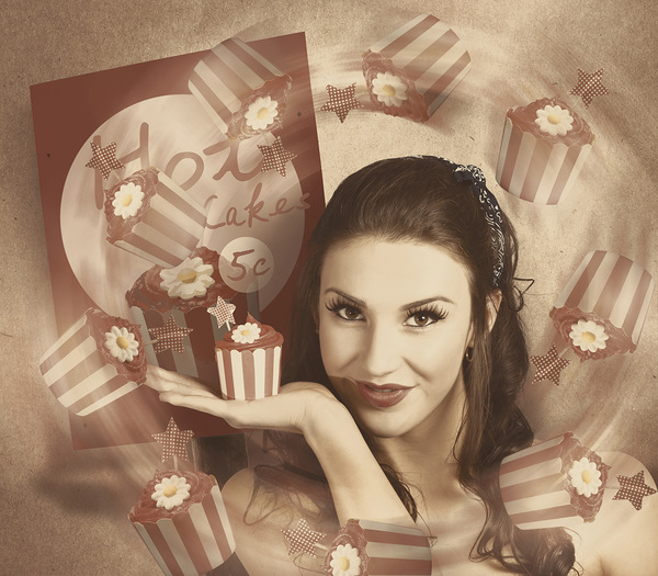 Retro cupcake poster girl adverting baked cake Print