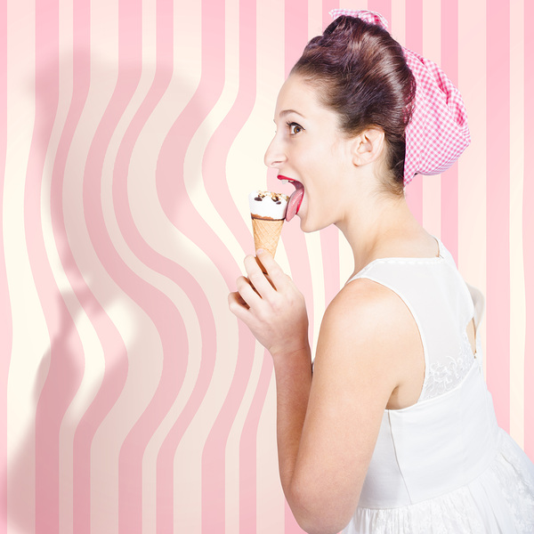 Ice cream pin-up poster girl licking waffle cone Print