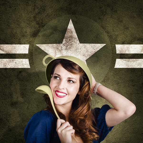 Cute military pin-up woman on army star background Print