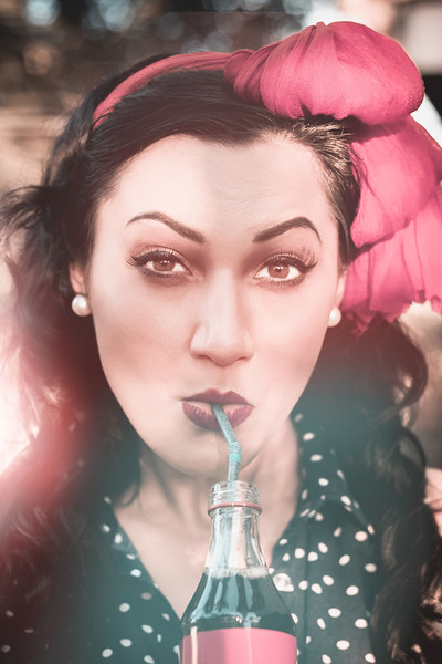 50s pin up girl drinking soda at roadside drive-in Print