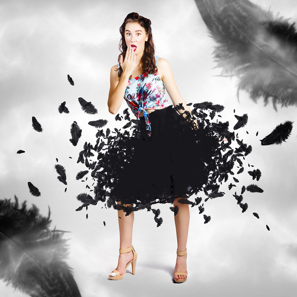 Brunette pin-up woman in gorgeous feather skirt Print