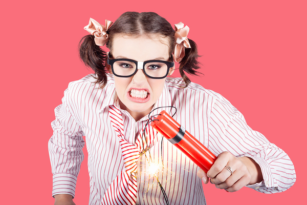 Nerd Business Woman Holding Exploding Time Bomb Print