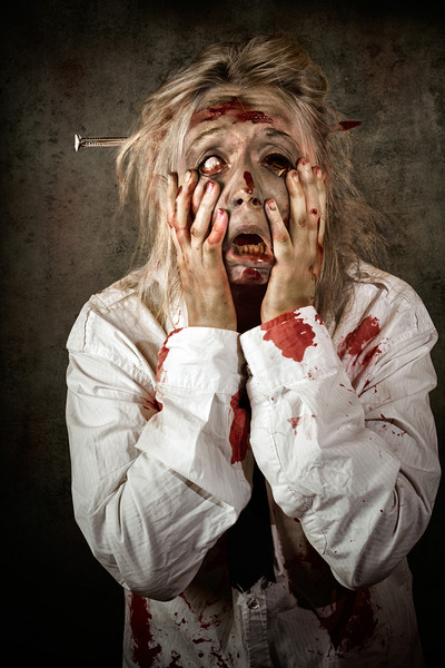 Shock horror. Surprised businesswoman zombie Print