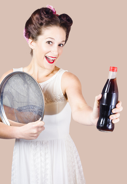 Retro pin-up girl giving bottle of soft drink Print
