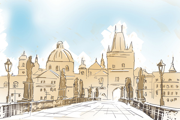 Artistic digital painting of Charles Bridge Prague Print