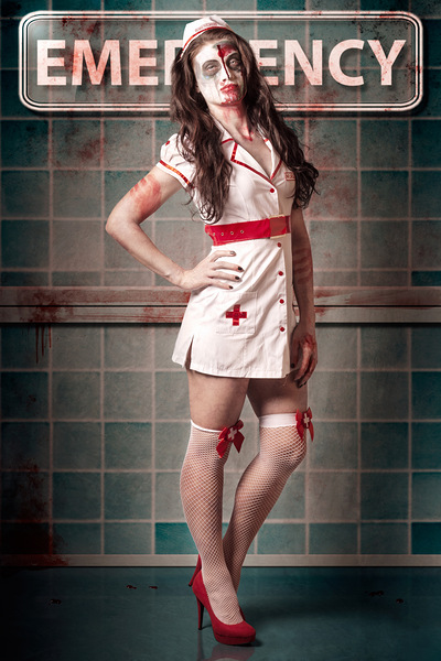 Sexy zombie medical emergency nurse in hospital ER Print