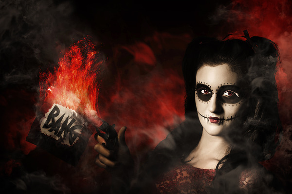 Deadly sugarskull girl firing pop gun with bang Print