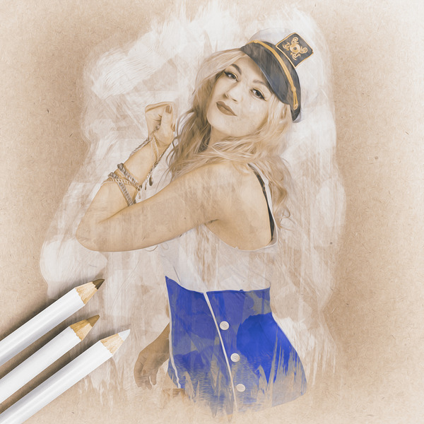 Artistic pencil drawing of a sailor pinup woman Print