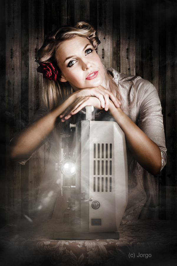 Vintage Beauty Watching Old Film Projector Movie  Print