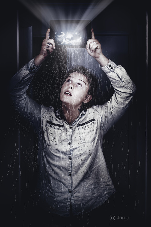 Woman checking weather forecast on tablet  Print