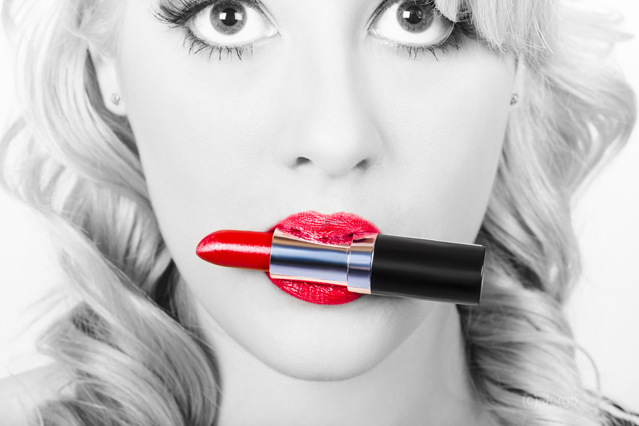 Make-up closeup. Cosmetic pinup girl in lip makeup  Print