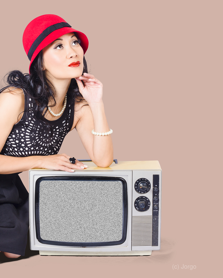 Woman on retro TV. Fifties broadcast  Print
