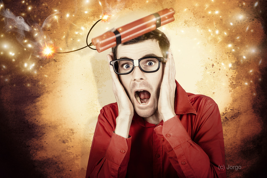 Nerd business man shouting out in fear of a bomb  Print