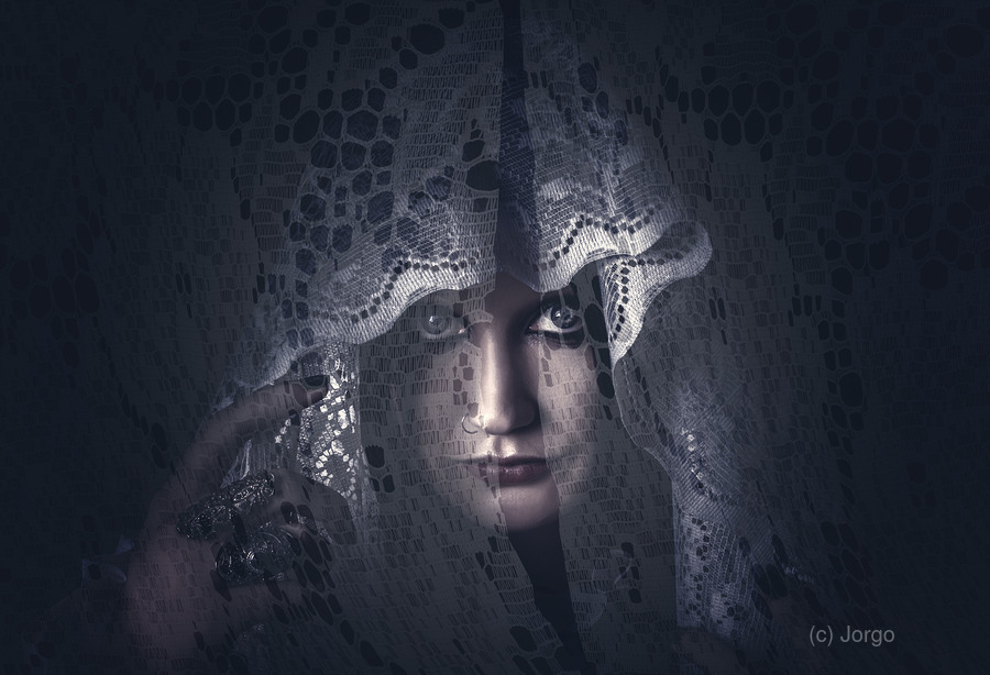 Mysterious female mystic veiled in lace secrecy   Print