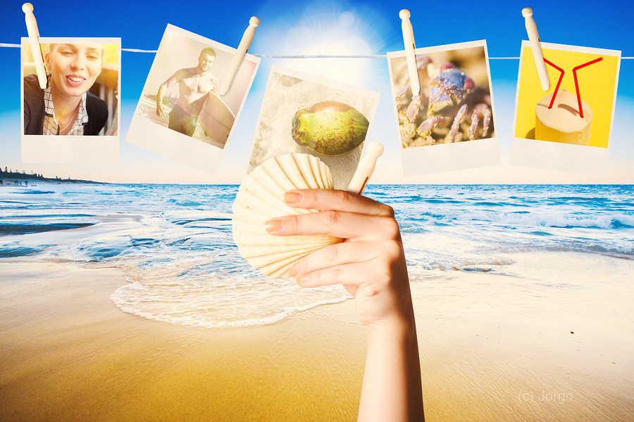 Vacation woman with photos from summer holiday  Print