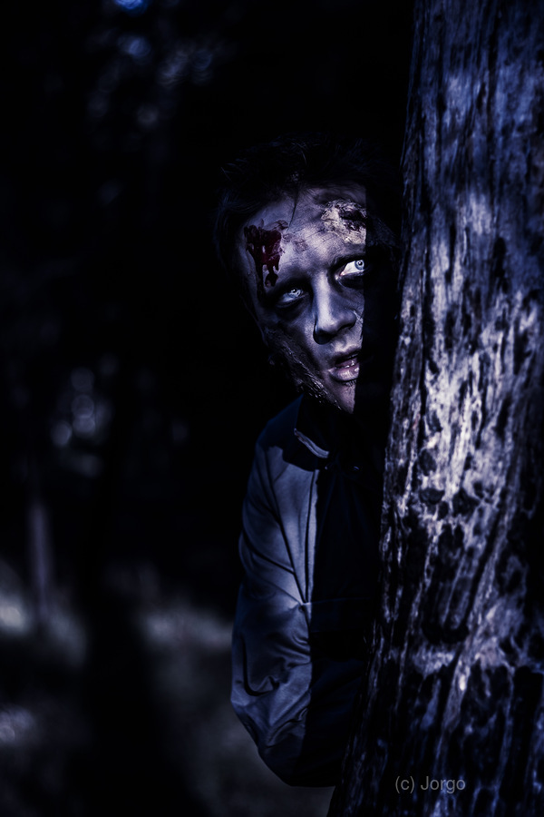 Dark evil zombie watching from horror forest  Print