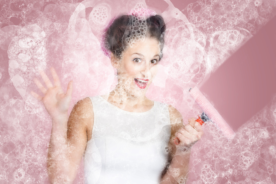 Retro window cleaning girl looking at clean glass  Print