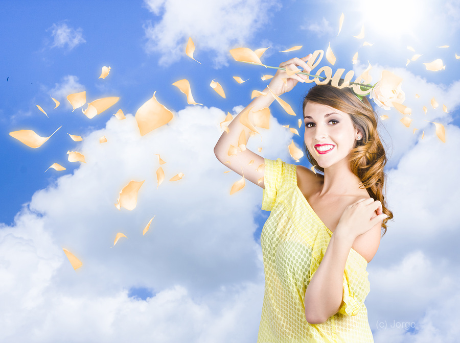 Romantic woman dreaming of a sky filled romance  Print