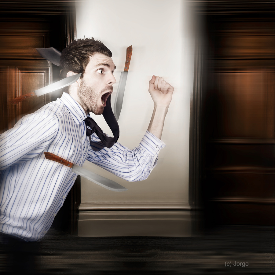 Crazy businessman running in fear from danger  Print