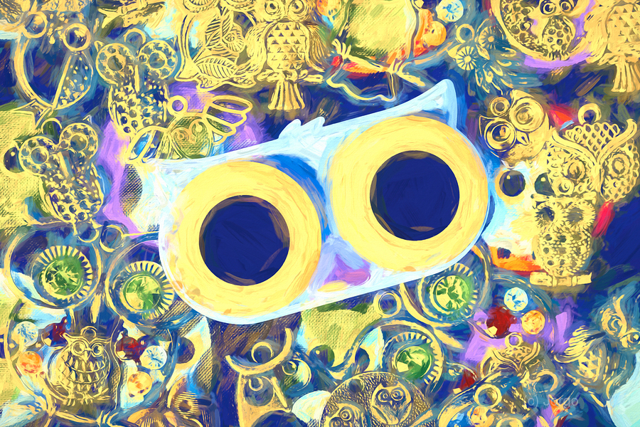 Swirling sea of colorful owl charms  Print
