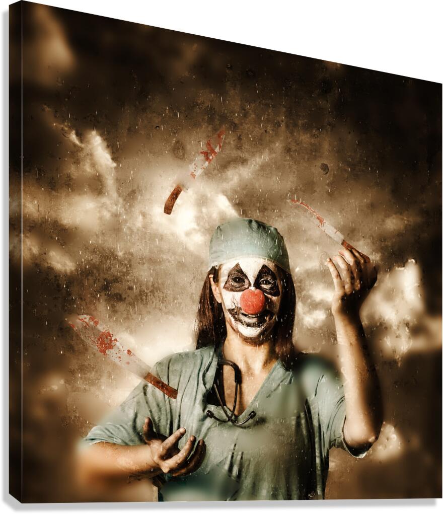 Evil surgeon clown juggling bloody knives outside Canvas Print