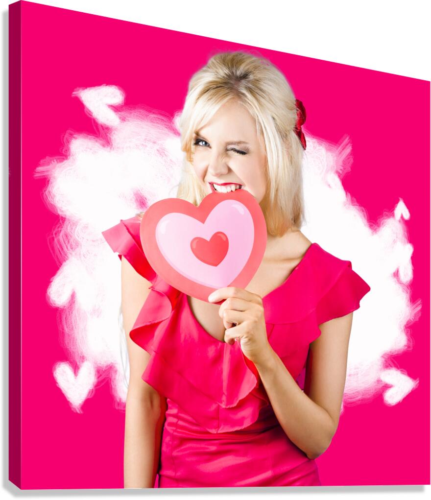 Cute love hungry girl eating big red heart Canvas Print
