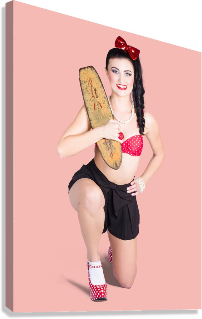 A pin up girl holding a little wooden skateboard Canvas Print