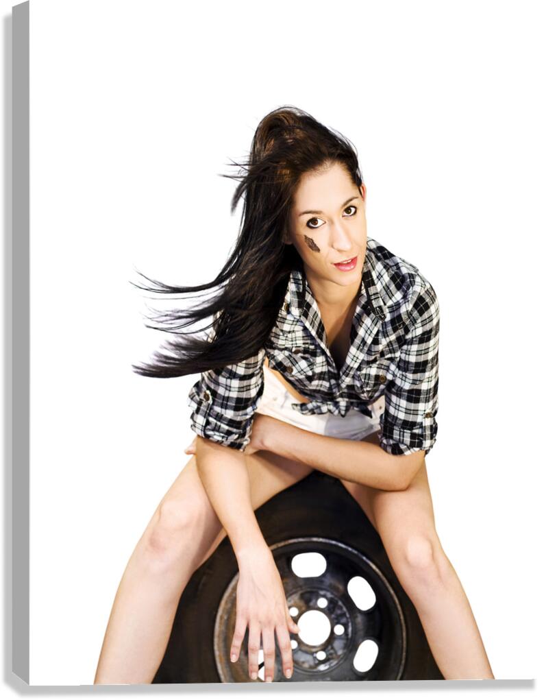 Sexy Woman Sitting On Car Tyre Canvas Print