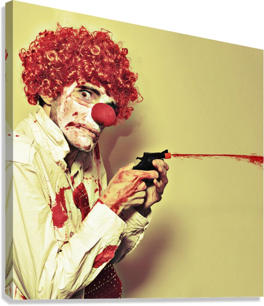 Creepy Manic Clown Shooting Blood From Cap Gun Canvas Print