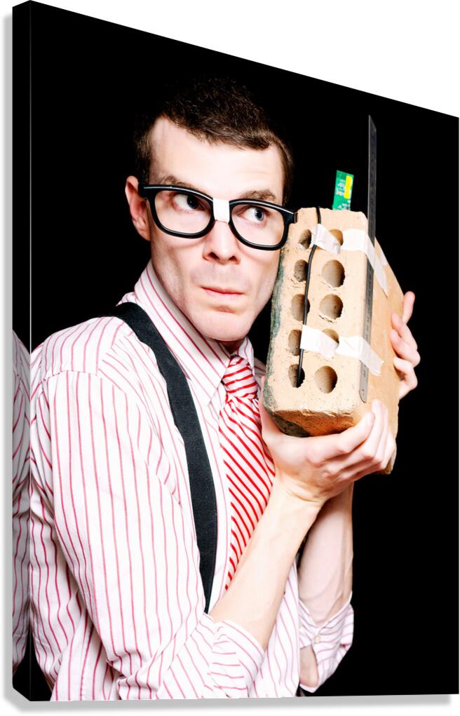 Male Nerd Inventor Holding Brick Mobile Telephone Canvas Print