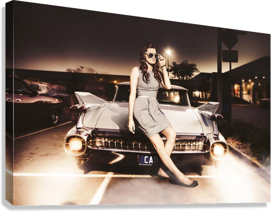 Retro Sixties Pinup Girl On Vintage Car Canvas Print