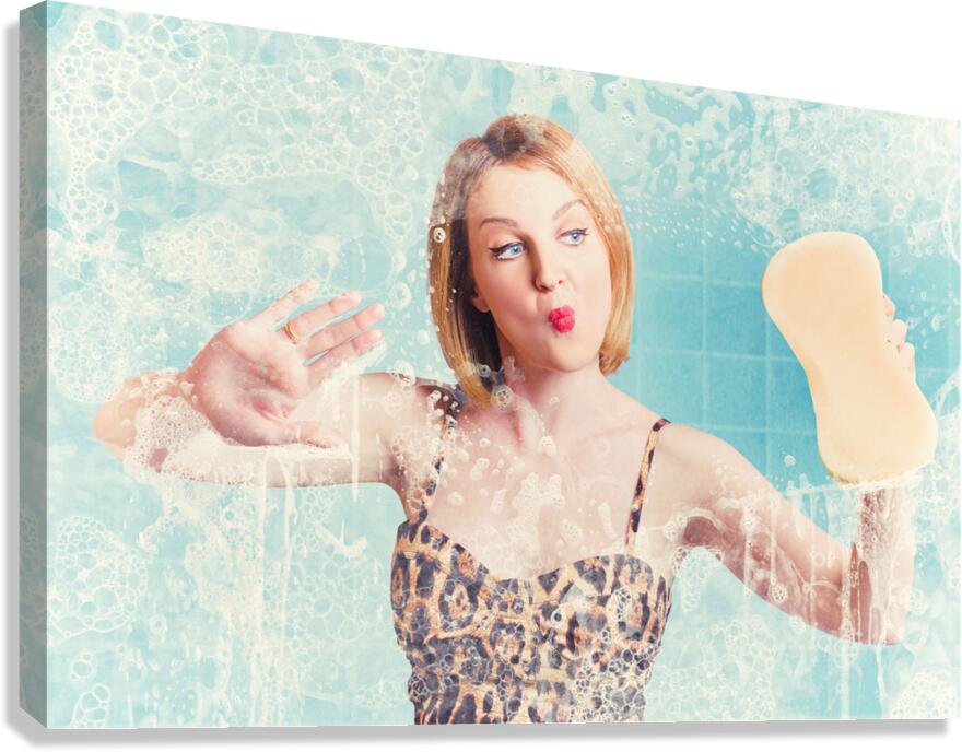 Funny pin up cleaning woman washing bathroom glass Canvas Print