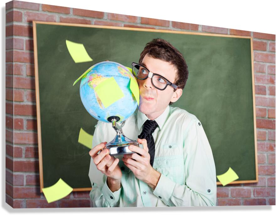 Nerd man holding earth world globe in classroom Canvas Print