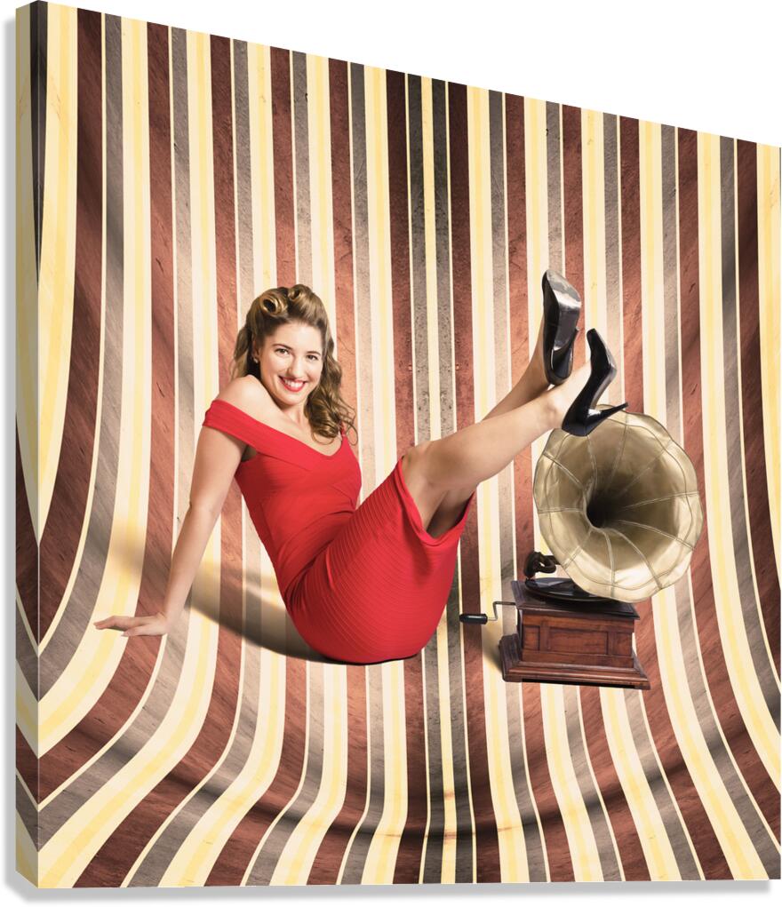 Happy pin up lady. Retro music and entertainment Canvas Print