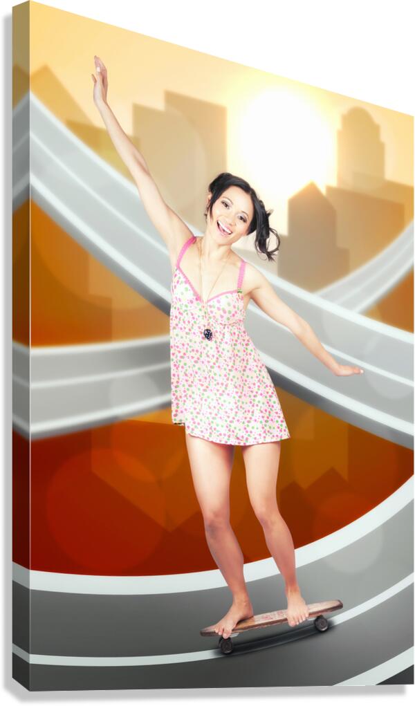 Beautiful smiling skater woman. City skateboarding Canvas Print