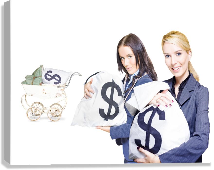 Pretty young business women holding sacks of money Canvas Print