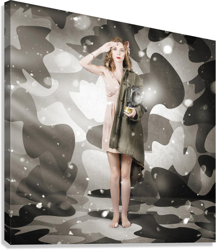 Sexy army girl saluting on snow camo background Canvas Print