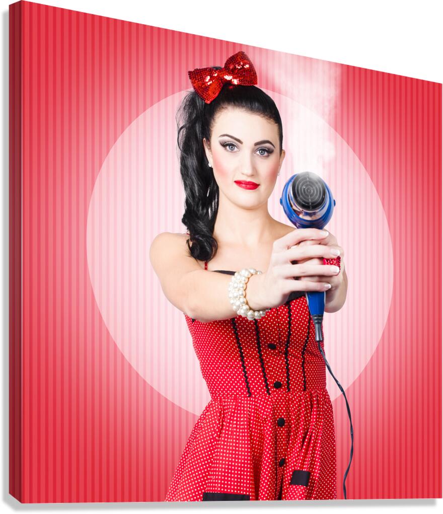 Young beautiful girl with hairdryer. Hair care Canvas Print